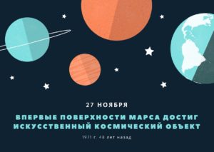 Впервые поверхности Марса достиг искусственный космический объект. 27 ноября